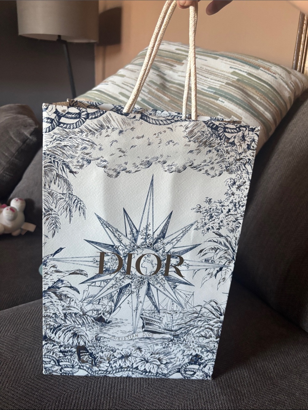 Dior White Paper Gift Bag with Navy Toile Illustration